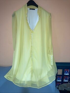 Light Yellow Sheer Ruffle-Trim Blouse with Button Front
